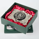 MacLaren Pewter Clan Crest Buckle for Kilt Belts displaying intricate clan crest design and high-quality pewter finish, perfect accessory for Scottish heritage outfits.
