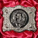 Close-up image of the MacLaren Pewter Clan Crest Buckle for Kilt Belts, showcasing its intricate design and high-quality pewter finish.