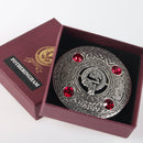 Fotheringham Clan Crest Pewter Plaid Brooch featuring an intricate Celtic design and colorful stones, ideal for showcasing Scottish heritage.