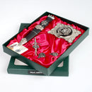 MacLaren Clan Crest Kilt Accessory Gift Set featuring pewter belt buckle and cufflinks in an elegant presentation box.