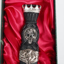 Lion Rampant Crest Sgian Dubh showcasing its elegant stag horn handle and intricate clan crest design by Art Pewter, perfect for collectors or as a ceremonial piece.