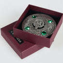Campbell Clan Crest Pewter Plaid Brooch showcasing the intricate Celtic design and vibrant colored stones, perfect for celebrating Scottish heritage.