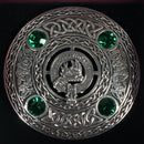 A close-up of the Campbell Clan Crest Pewter Plaid Brooch emphasizing its high-quality pewter craftsmanship and unique personalized clan crest design.