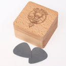 Showcase of the Clan Crest Engraved Guitar Pick Box made of high-quality natural wood, perfect for storing guitar picks and adding a personal touch for musicians.