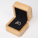 Open view of the Clan Crest Engraved Luxury Wooden Ring Box displaying its spacious interior for rings.