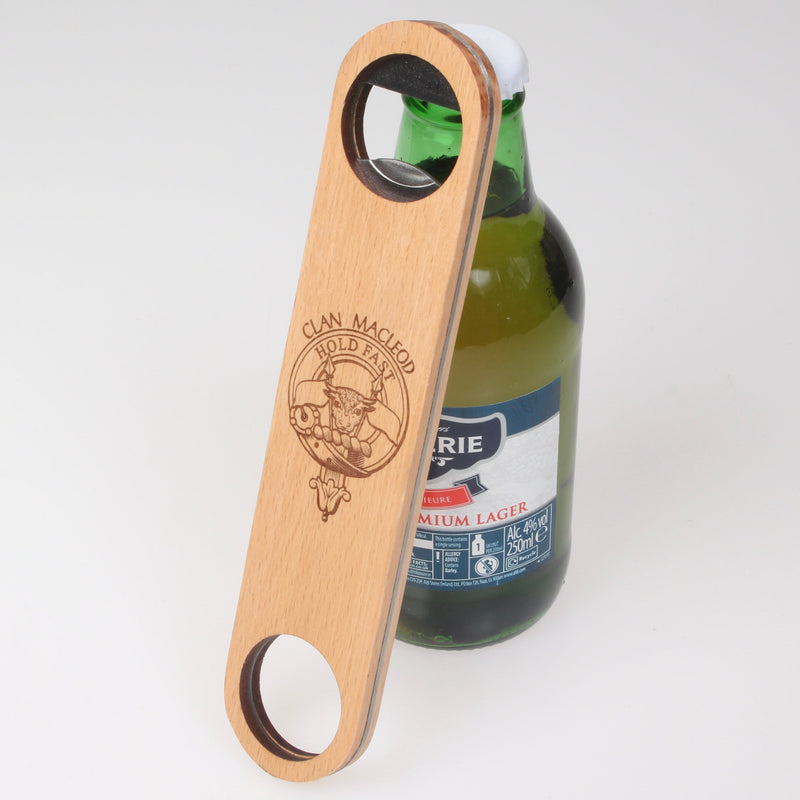 MacLeod Clan Crest Engraved Wooden Bottle Opener
