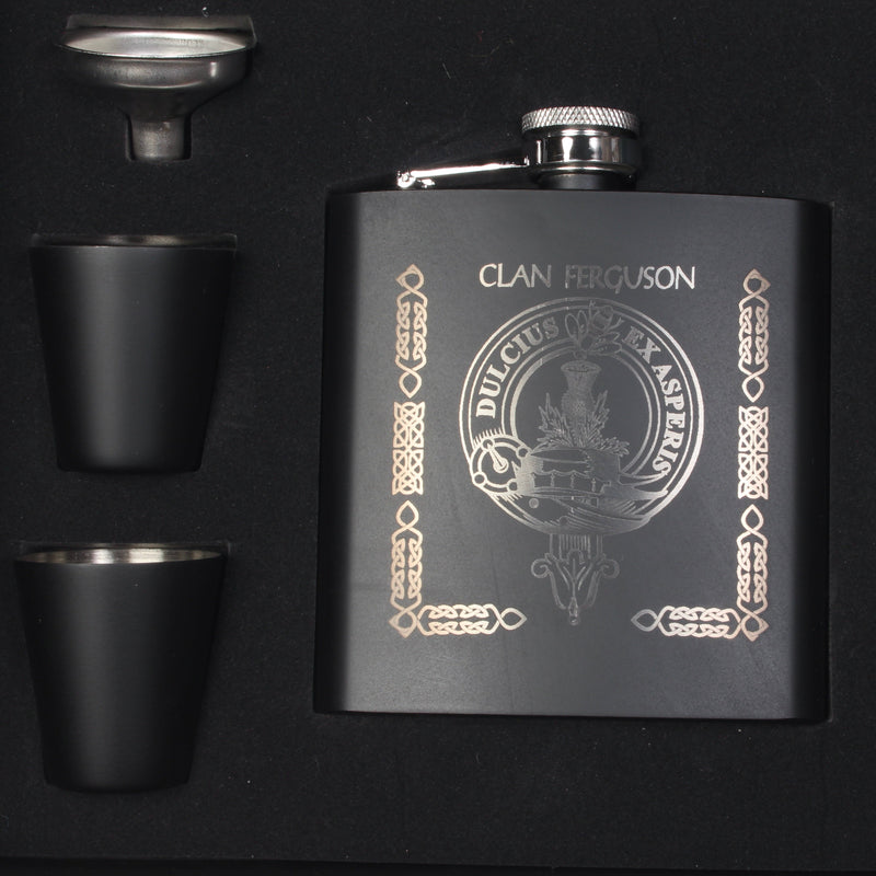 Clan Crest engraved 6oz Matt Black Hip Flask Gift Set with Cups and Funnel