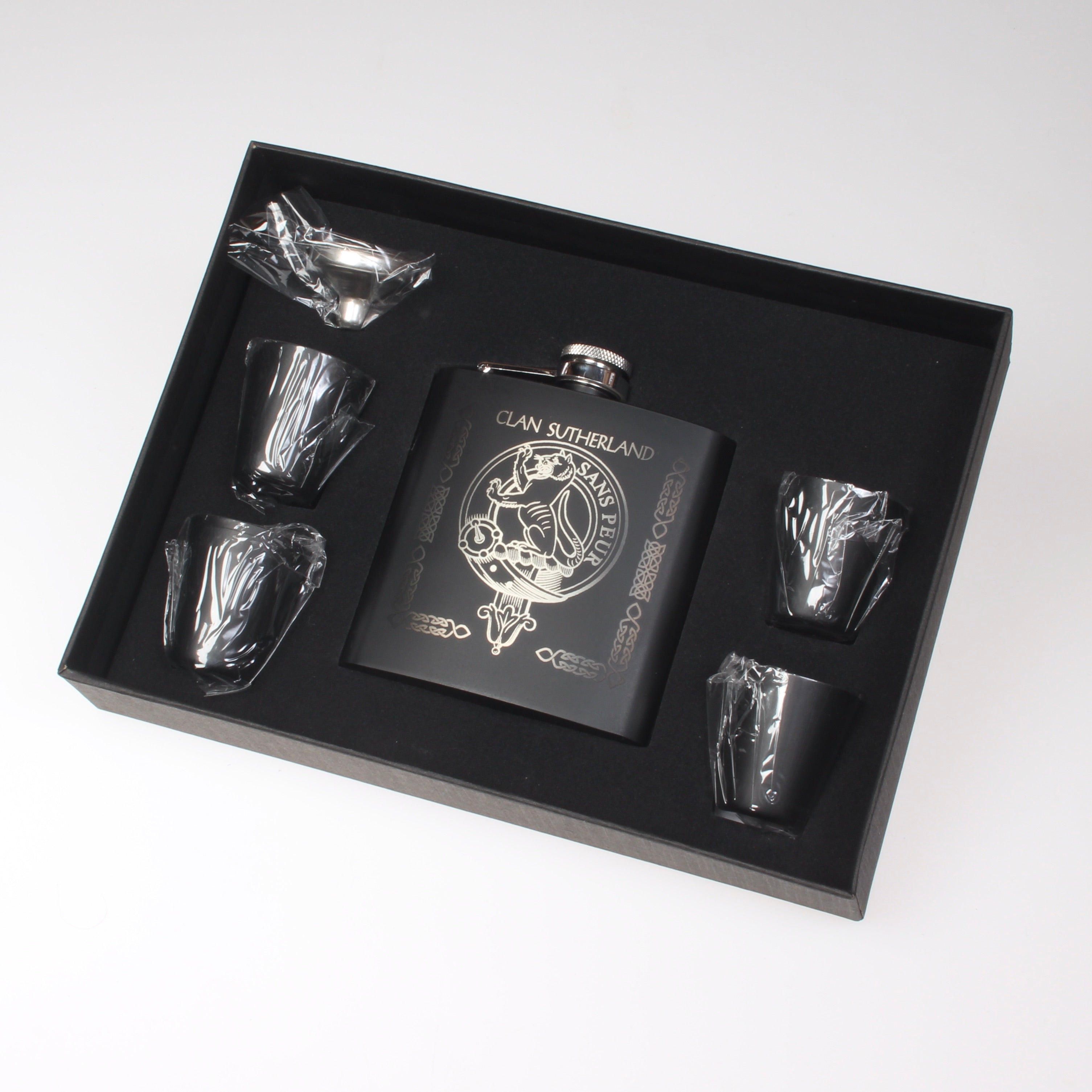 Sutherland Clan Crest engraved 6oz Matt Black Hip Flask Gift Set with