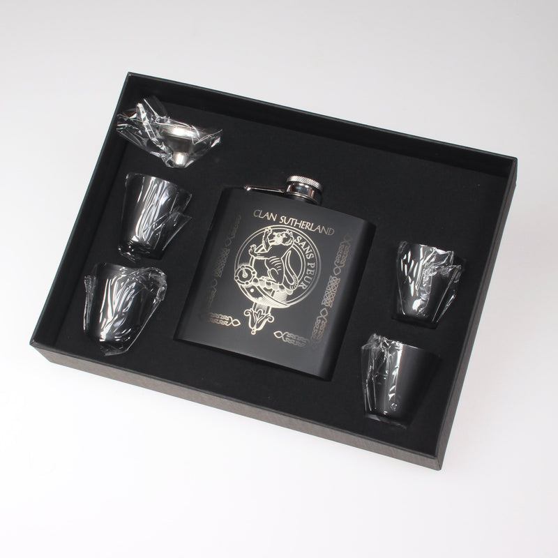 Sutherland Clan Crest engraved 6oz Matt Black Hip Flask Gift Set with Cups and Funnel