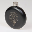 Clan Crest Black Steel 5oz Sporran Flask showcasing its elegant matte black finish, ideal for personalizing with engravings. A perfect blend of tradition and modern style, designed for durability and ease of use.