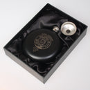 Clan Crest Black Steel 5oz Sporran Flask, stylish matte black finish, perfect for personalizing with engravings, compact and lightweight for on-the-go enjoyment.