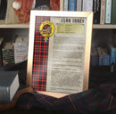 Innes Clan History Print showcasing the crest and tartan, available framed or unframed, printed on high-quality parchment style paper