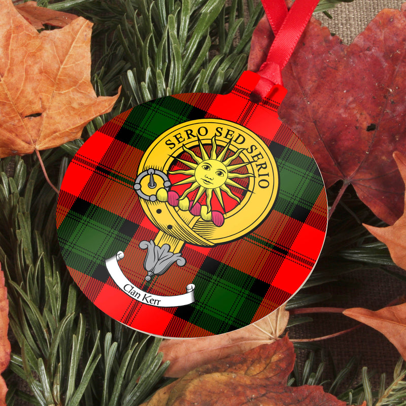 Kerr Clan Crest and Tartan Metal Christmas Ornament - 6 Styles Available