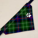 Leslie Hunting Modern Tartan Pet Bandana displayed on a happy dog, showcasing its stylish double-sided design and comfortable fit.