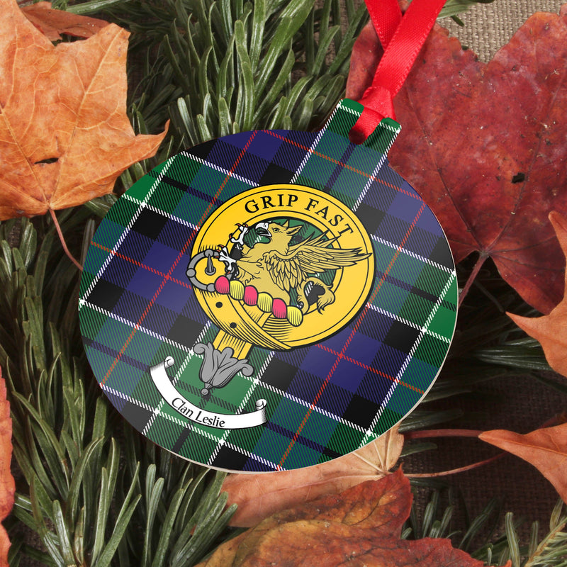 Leslie Clan Crest and Tartan Metal Christmas Ornament - 6 Styles Available