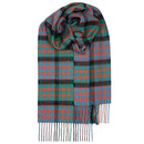 Bowhill Standard Tartan Lambswool Scarf draped over a winter coat, illustrating the perfect accessory for cold weather fashion.