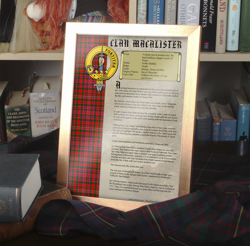 MacAlister Clan History Print - Choose Framed or Unframed.