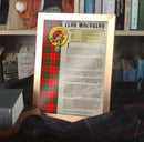 MacAulay Clan History Print showcasing clan crest and tartan on high-quality parchment, available framed or unframed, perfect for clan gifts.