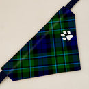 The MacCallum Modern Tartan Pet Bandana styled on a playful dog, showcasing its vibrant tartan pattern and adjustable neck strap.