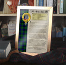 MacCallum Clan History Print showcasing clan crest and tartan, available framed or unframed, perfect gift for clan members.