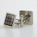 MacDonald Ancient Tartan Cufflinks in metallic finish, beautifully presented in a box, showcasing custom-made artistry.