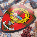 MacDonald of Sleat Clan Crest Printed Wall Plaque featuring a detailed clan crest design and vibrant tartan pattern, perfect for showcasing Scottish heritage.