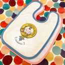 MacFarlane Clan Crest Baby Bib featuring a bright white background, customizable clan crest, and adjustable Velcro fasteners for secure fit, perfect for feeding time.