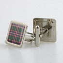 MacFarlane Hunting Modern Tartan Cufflinks in metallic finish presented in a stylish box, showcasing custom shapes and vibrant resin doming technique.