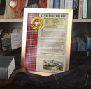 MacFarlane Clan History Print featuring crest and tartan on high quality parchment style paper, available framed or unframed.
