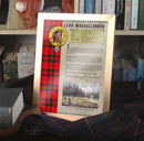 MacGillivray Clan History Print featuring crest and tartan, available framed or unframed, perfect gift for clan members