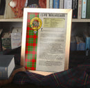 MacGregor Clan History Print showcasing the clan crest and tartan, available framed or unframed, ideal gift for clan members.