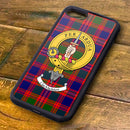 Macintyre Tartan and Clan Crest iPhone Rubber Case featuring a stylish design with a robust aluminum back, showcasing Scottish heritage.