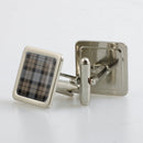 MacKay Weathered Tartan Cufflinks displayed in a stylish metallic finish presentation box, showcasing the custom shape options available.