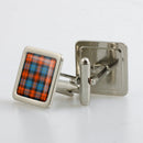 MacLachlan Ancient Tartan Cufflinks in a metallic finish presentation box, showcasing a custom design option available in different shapes.