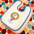 MacMillan Clan Crest Baby Bib featuring a detailed clan crest design, perfect for stylish and proud baby wear during mealtime.