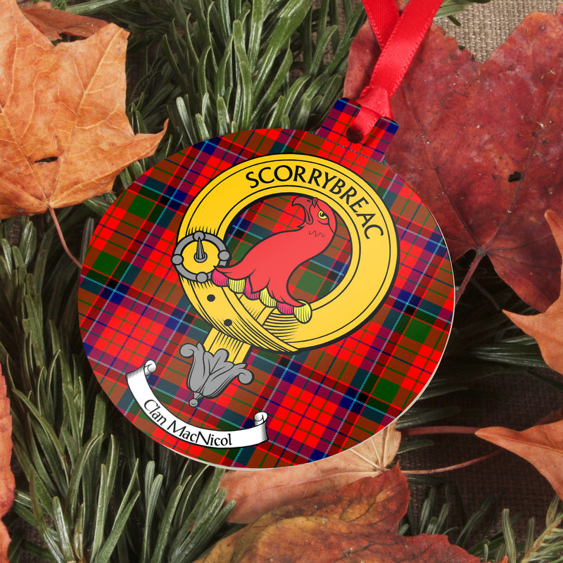 MacNicol Clan Crest and Tartan Metal Christmas Ornament - 6 Styles Available