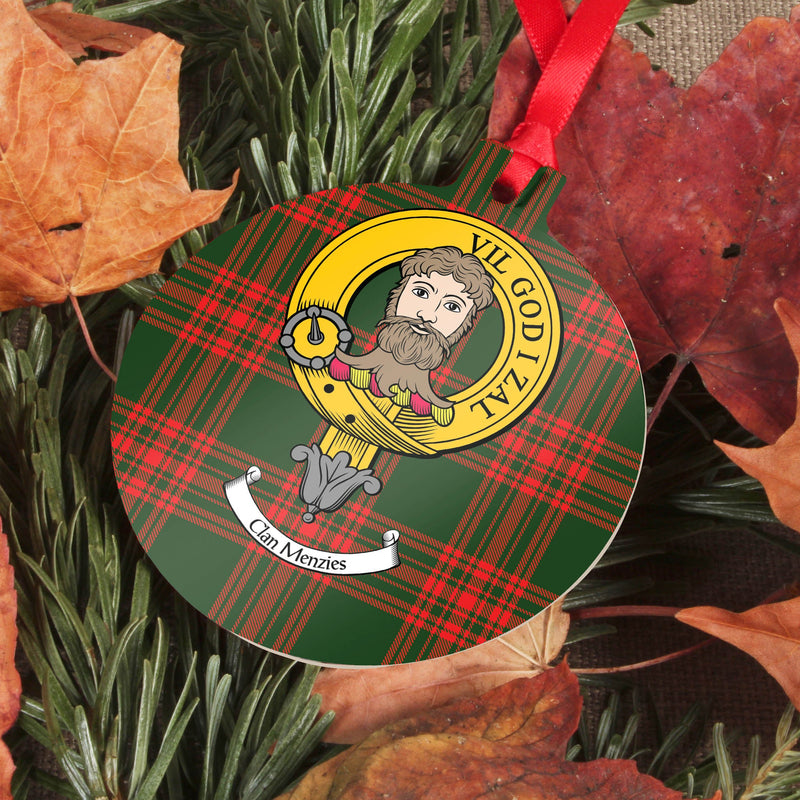 Menzies Clan Crest and Tartan Metal Christmas Ornament - 6 Styles Available