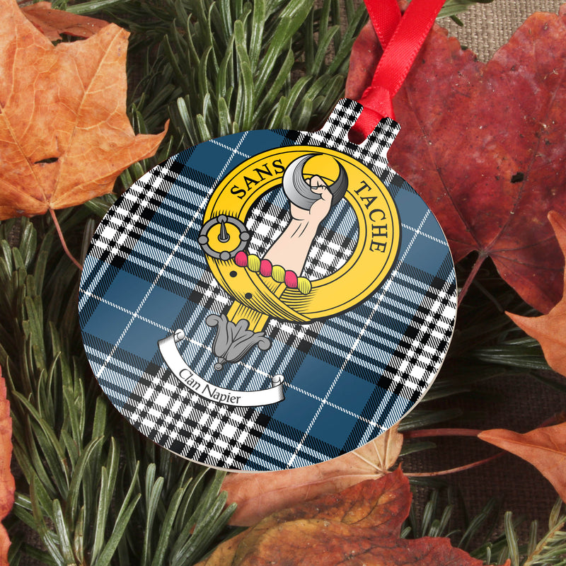 Napier Clan Crest and Tartan Metal Christmas Ornament - 6 Styles Available