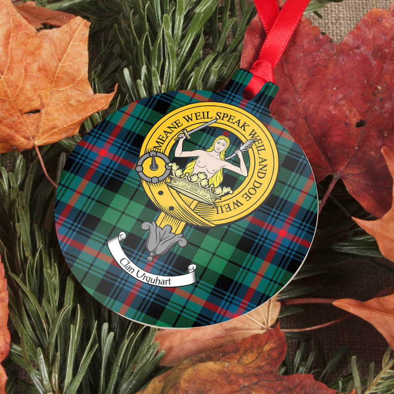 Urquhart  Clan Crest and Tartan Metal Christmas Ornament - 6 Styles Available