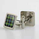 Watson Ancient Tartan Cufflinks in a metallic finish, elegantly displayed in a presentation box, showcasing custom made designs. Perfect for adding a unique touch to formal wear.