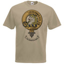Muted Clan Crest on Antique T-shirt showcasing a khaki cotton fabric, perfect for representing Scottish heritage with a subtle style.