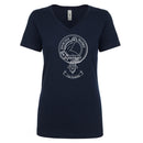Armstrong Clan Crest Ladies Outline T-Shirt in soft cotton fabric, displaying the elegant clan crest in a stylish V-neck design, perfect for casual wear and showcasing Scottish heritage.