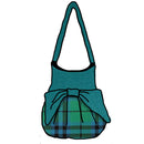 Austin Ancient Effie Bag in MacDonald of Clanranald Ancient wool with aqua top and bow, showcasing quality craftsmanship.