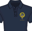 Baxter Clan Crest Embroidered Polo in high performance wicking polyester, featuring a flat knit collar and two button placket, perfect for hot climates and available in various colors and sizes.