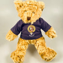 Close-up of Vintage Style Teddybear with Clan Crest Shirt, highlighting the customizable clan crest on its soft t-shirt.