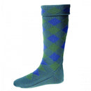 Diced Hose in Ancient Blue and Ancient Green, crafted by House of Cheviot, showcasing traditional Scottish craftsmanship and Merino wool blend for comfort and style.