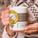 Brisbane Clan Crest and Tartan Mug showcasing vibrant clan design, perfect for displaying your clan pride.