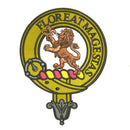 Close-up view of the Brown Clan Crest Embroidered Rugby Shirt highlighting the 100% cotton fabric and embroidered clan crest.