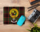 Buchan Clan Crest Mouse Pad featuring a luxury design with a bonded polyester fabric surface and black rubber backing, perfect for your desk setup.