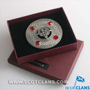 Buchanan Clan Crest Pewter Plaid Brooch showcasing Celtic design and colored stones, perfect for clan pride